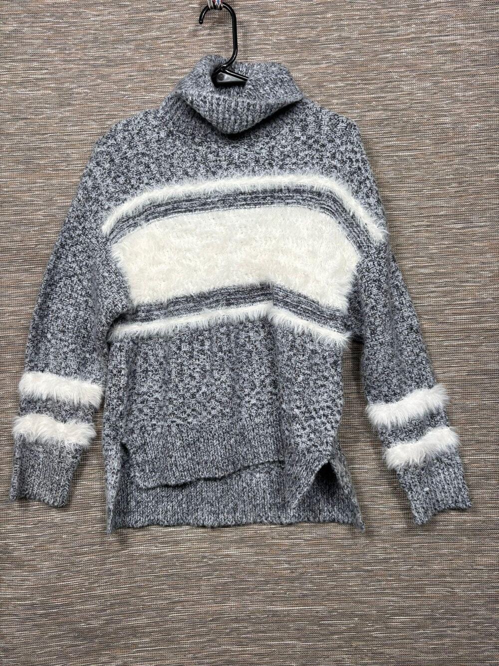 Charlie Paige Sweater Womens Small Gray Stripe Fuzzy Fur Trim Cowl Neck Knit